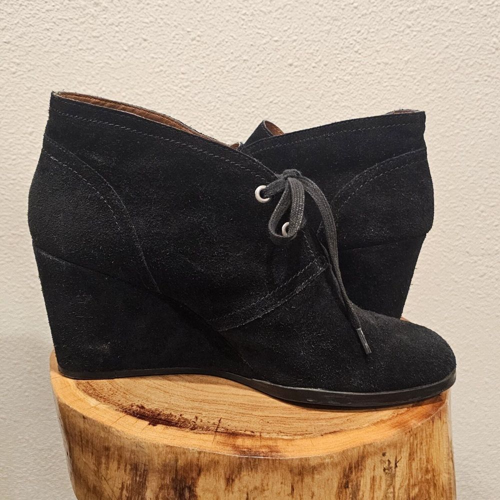 Lucky Brand Sway Black Suede Wedge Ankle Booties Lace Up Size 11‎